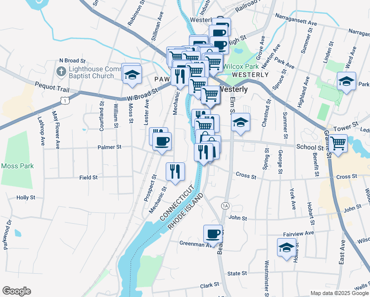 map of restaurants, bars, coffee shops, grocery stores, and more near 82 Mechanic Street in Stonington