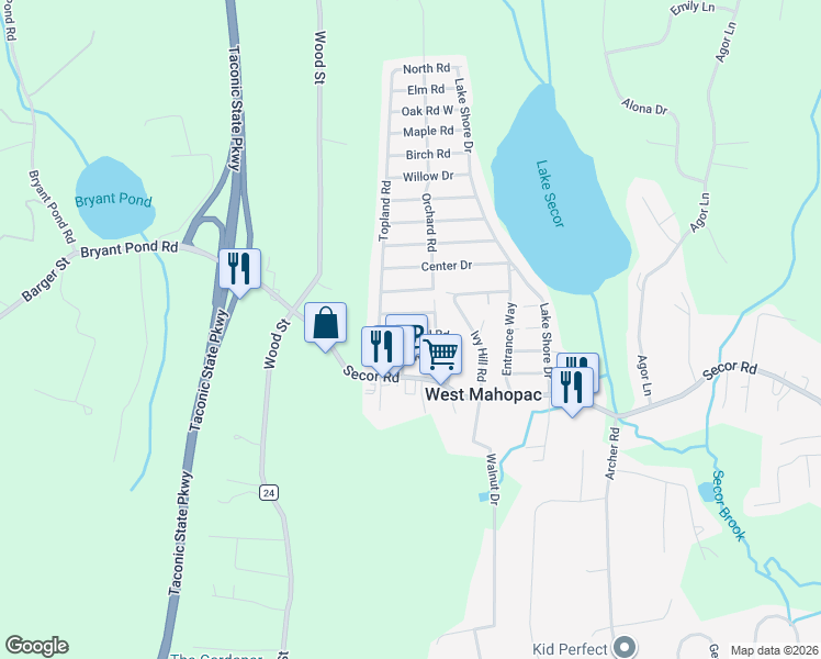 map of restaurants, bars, coffee shops, grocery stores, and more near 91 Crosshill Road in Mahopac
