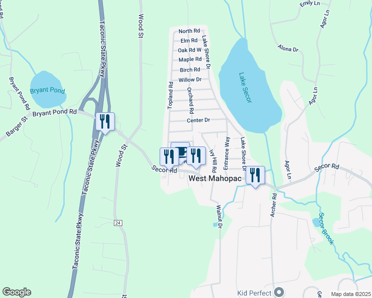 map of restaurants, bars, coffee shops, grocery stores, and more near 91 Crosshill Road in Mahopac