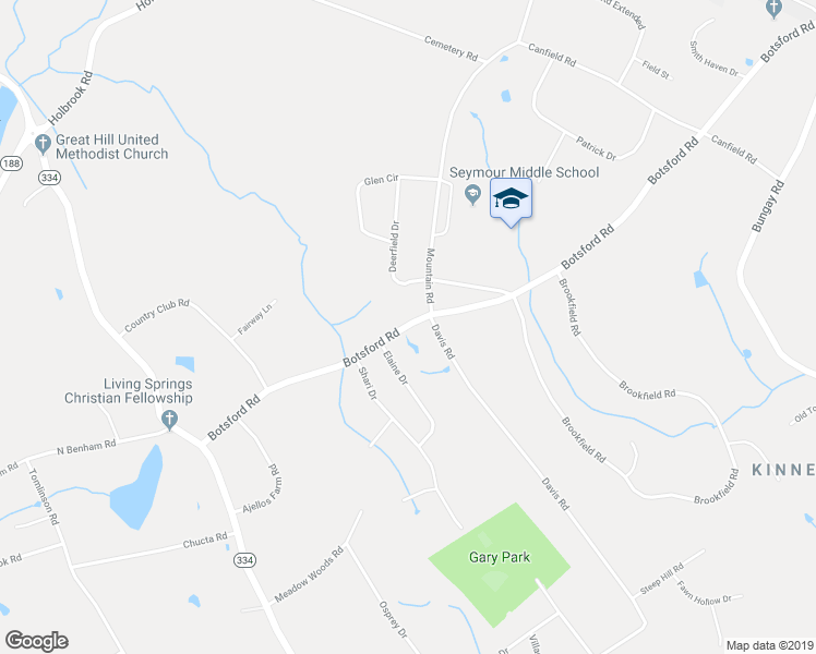 map of restaurants, bars, coffee shops, grocery stores, and more near 121 Botsford Road in Seymour