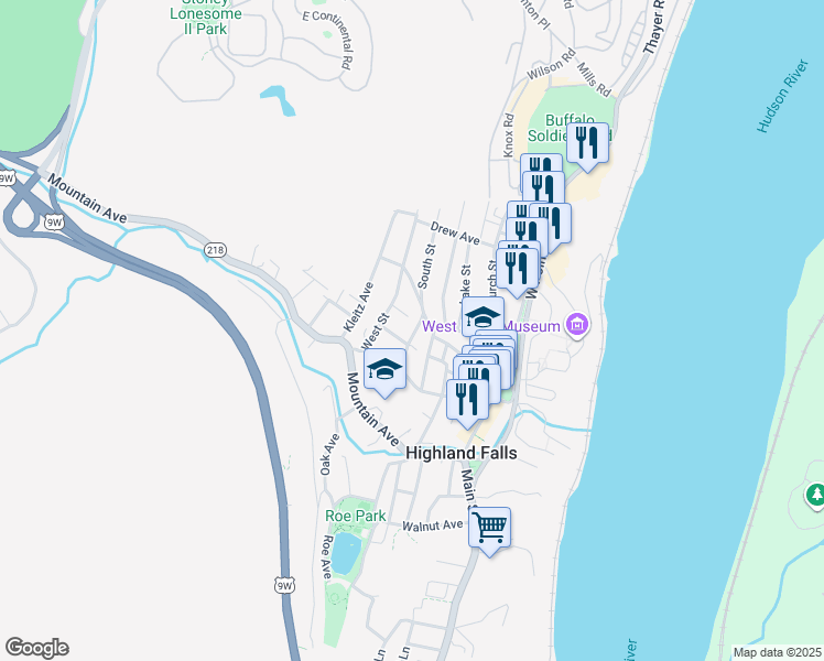 map of restaurants, bars, coffee shops, grocery stores, and more near 17 Prospect Street in Highland Falls
