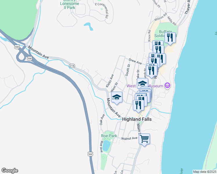 map of restaurants, bars, coffee shops, grocery stores, and more near 88 Mountain Avenue in Highland Falls