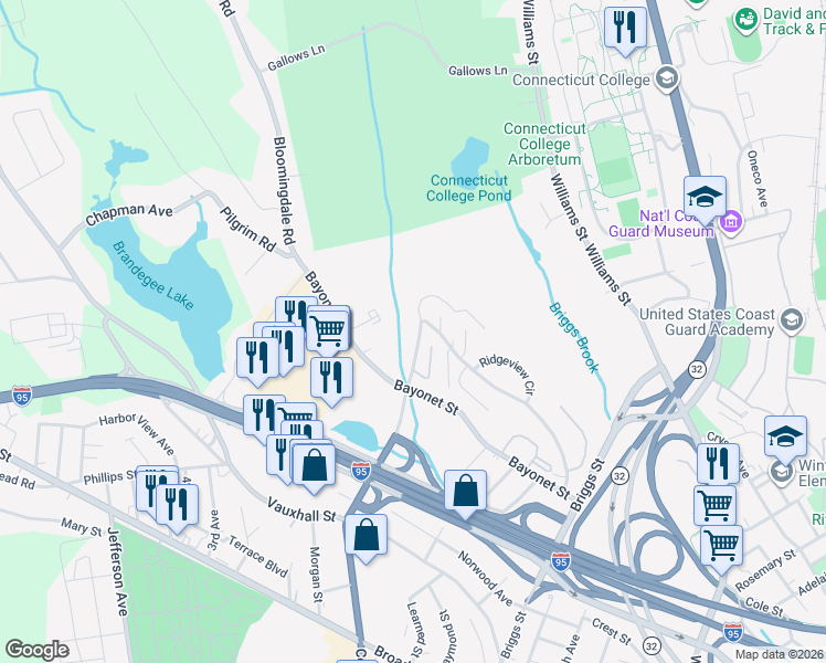map of restaurants, bars, coffee shops, grocery stores, and more near 56 Hawthorne Drive North in New London