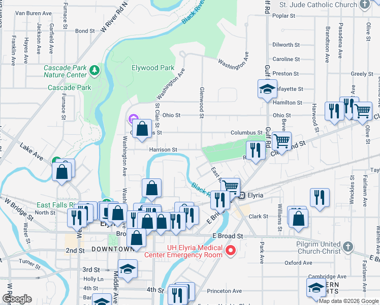 map of restaurants, bars, coffee shops, grocery stores, and more near 257 Harrison Street in Elyria
