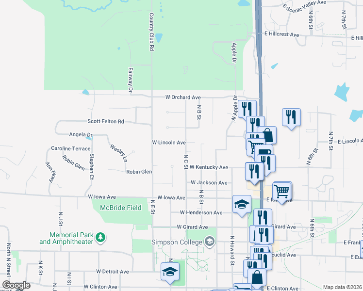 map of restaurants, bars, coffee shops, grocery stores, and more near 403 West Lincoln Avenue in Indianola