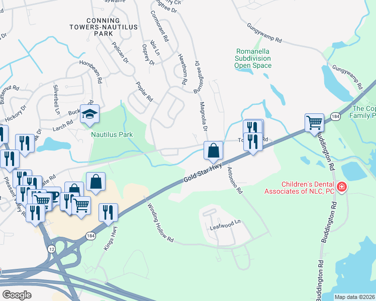 map of restaurants, bars, coffee shops, grocery stores, and more near 385 Toll Gate Road in Groton