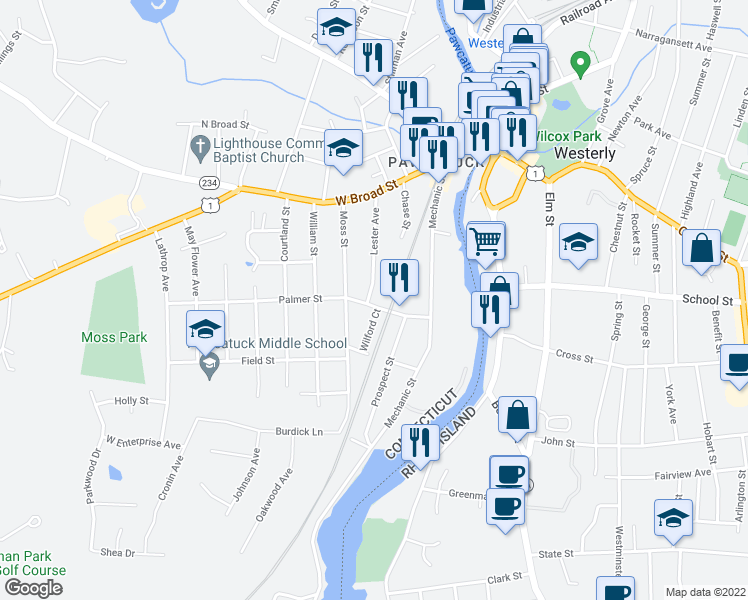 map of restaurants, bars, coffee shops, grocery stores, and more near 25 Palmer Street in Stonington