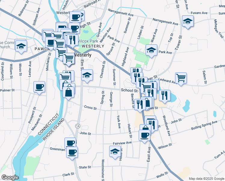 map of restaurants, bars, coffee shops, grocery stores, and more near 47 School Street in Westerly