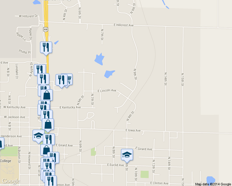 map of restaurants, bars, coffee shops, grocery stores, and more near 1005 E Lincoln Ave in Indianola