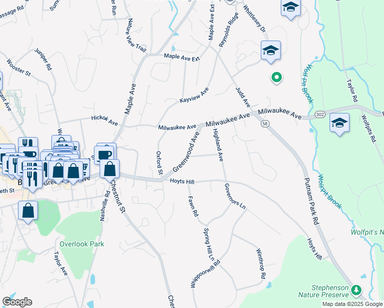 map of restaurants, bars, coffee shops, grocery stores, and more near 16 Greenwood Avenue in Bethel