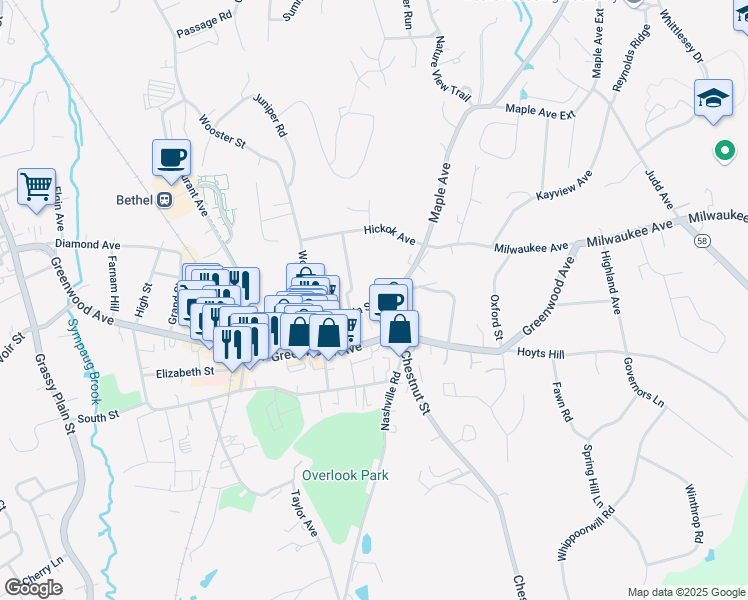 map of restaurants, bars, coffee shops, grocery stores, and more near 40 Main Street in Bethel
