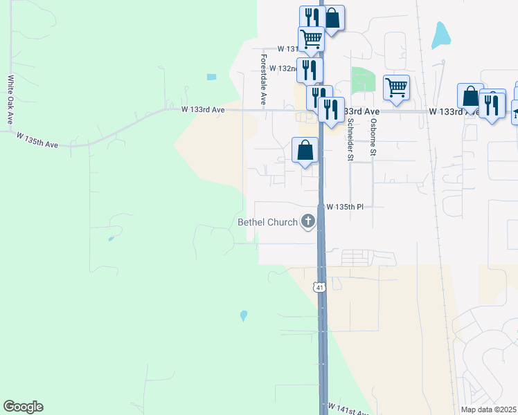 map of restaurants, bars, coffee shops, grocery stores, and more near 13501 Muir Street in Cedar Lake