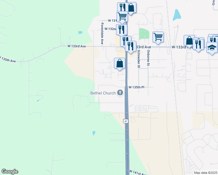 map of restaurants, bars, coffee shops, grocery stores, and more near 11411 West 135th Place in Cedar Lake