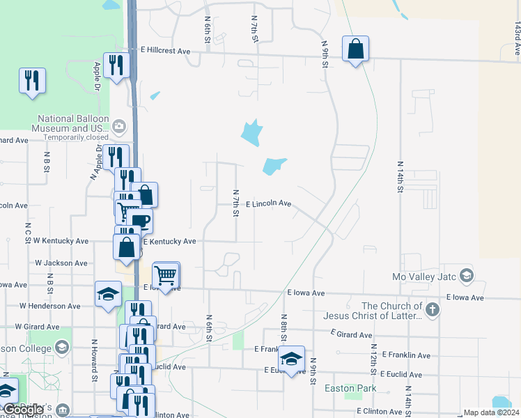 map of restaurants, bars, coffee shops, grocery stores, and more near 801 East Lincoln Avenue in Indianola