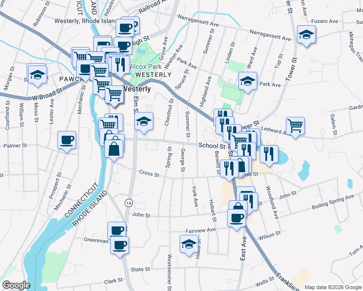 map of restaurants, bars, coffee shops, grocery stores, and more near 47 School Street in Westerly