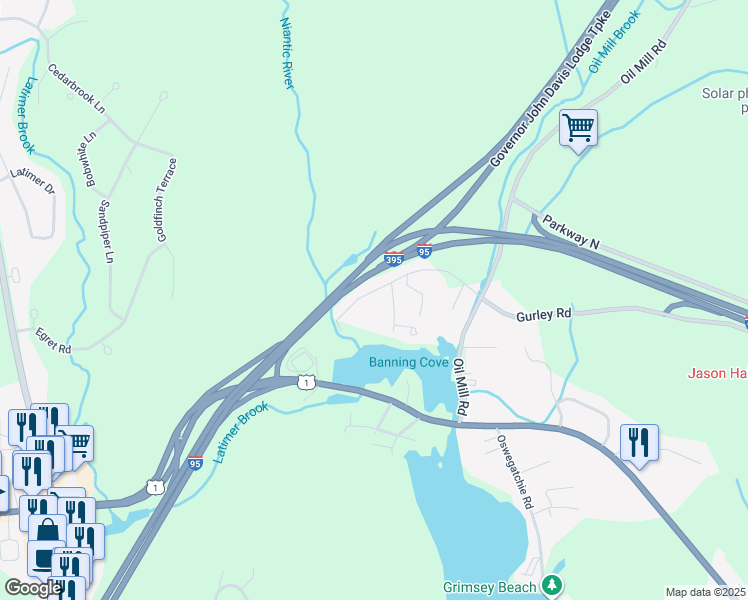 map of restaurants, bars, coffee shops, grocery stores, and more near 33 Gurley Road in East Lyme