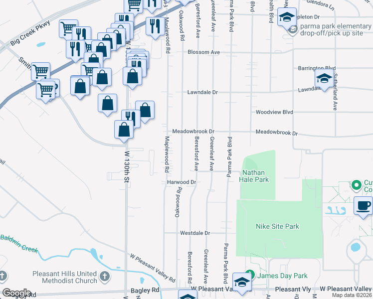 map of restaurants, bars, coffee shops, grocery stores, and more near 7017 Oakwood Road in Parma Heights