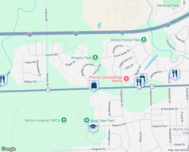 map of restaurants, bars, coffee shops, grocery stores, and more near 1613 Locust Road in Morris