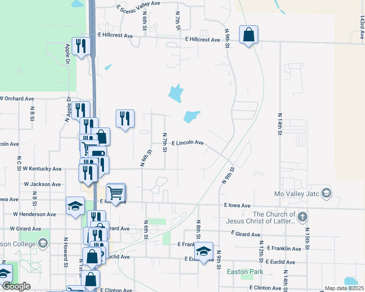 map of restaurants, bars, coffee shops, grocery stores, and more near 801 East Lincoln Avenue in Indianola