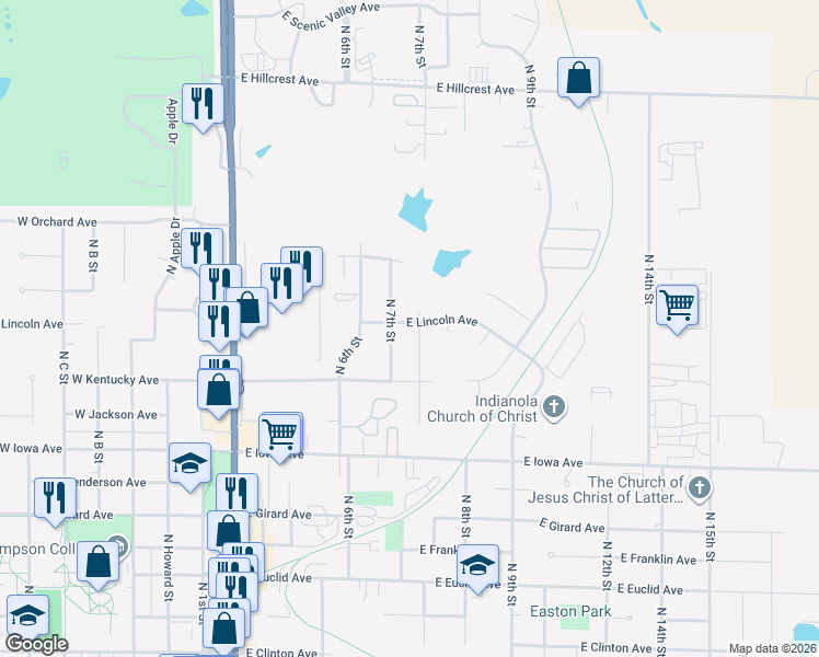 map of restaurants, bars, coffee shops, grocery stores, and more near 1216 North 7th Street in Indianola