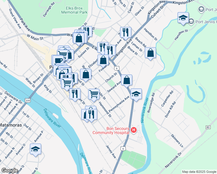 map of restaurants, bars, coffee shops, grocery stores, and more near 39 Church Street in Port Jervis