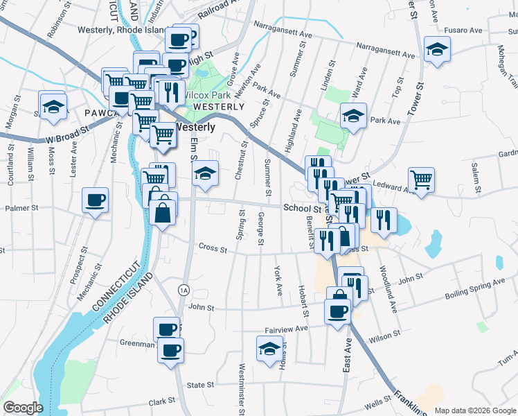 map of restaurants, bars, coffee shops, grocery stores, and more near 47 School Street in Westerly