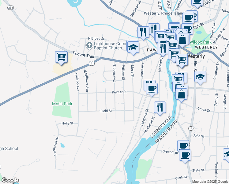 map of restaurants, bars, coffee shops, grocery stores, and more near Courtland Street in Stonington