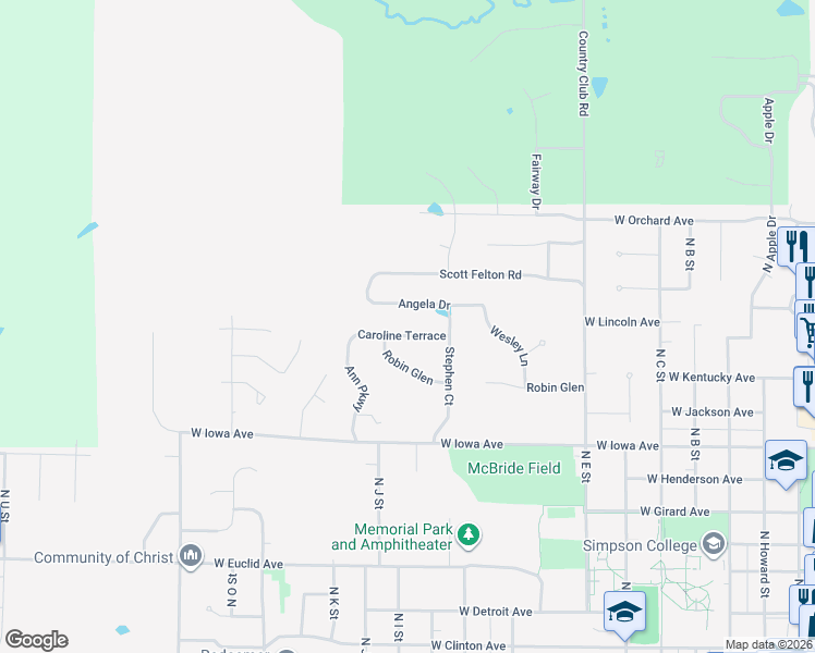 map of restaurants, bars, coffee shops, grocery stores, and more near 1004 Caroline Terrace in Indianola