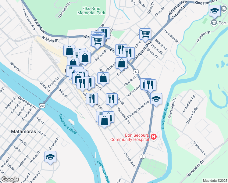map of restaurants, bars, coffee shops, grocery stores, and more near 26-28 Church Street in Port Jervis