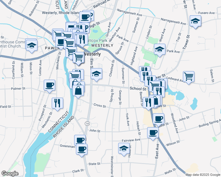 map of restaurants, bars, coffee shops, grocery stores, and more near 35 School Street in Westerly