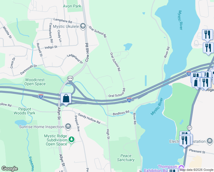 map of restaurants, bars, coffee shops, grocery stores, and more near 94 Cow Hill Road in Groton
