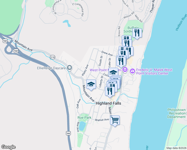 map of restaurants, bars, coffee shops, grocery stores, and more near 19 West Street in Highland Falls