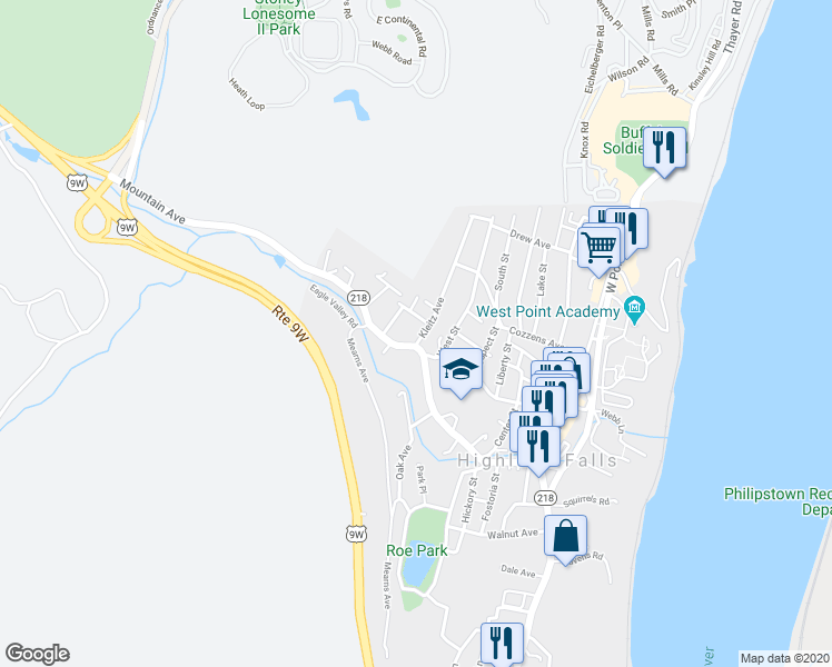 map of restaurants, bars, coffee shops, grocery stores, and more near 88 Mountain Avenue in Highland Falls