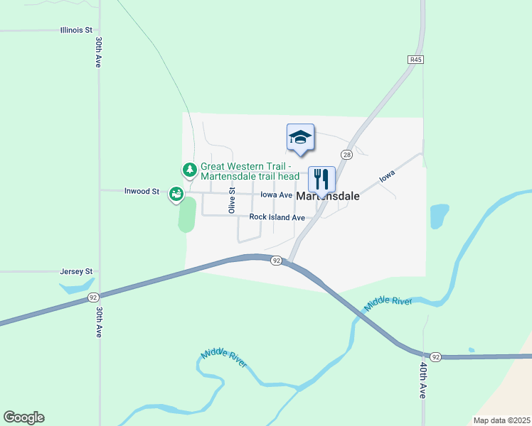 map of restaurants, bars, coffee shops, grocery stores, and more near 536 Rock Island Avenue in Martensdale
