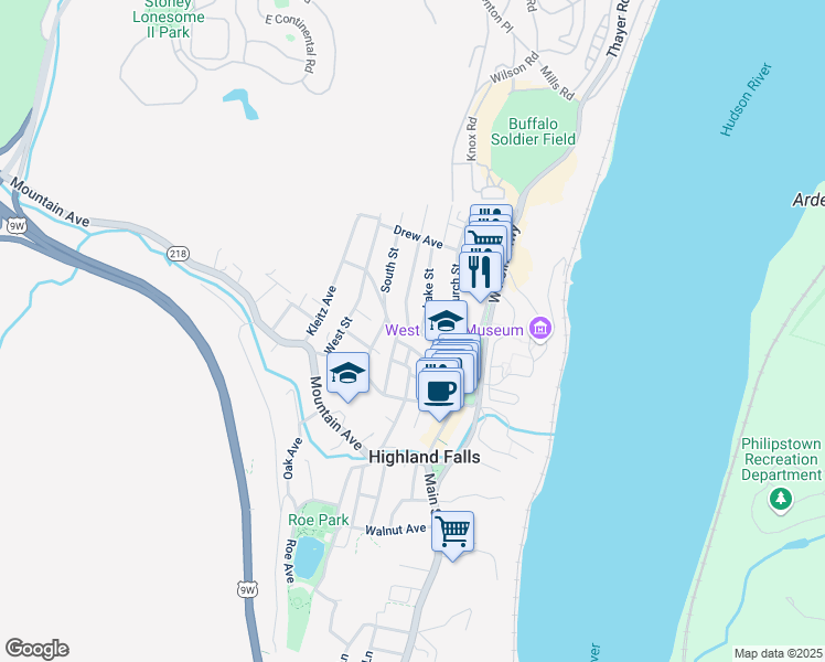 map of restaurants, bars, coffee shops, grocery stores, and more near 26 Cozzens Avenue in Highland Falls