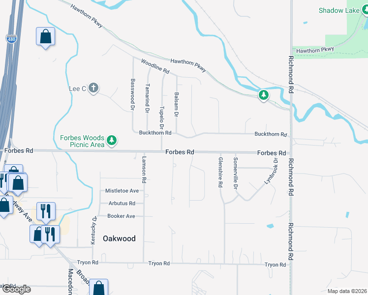 map of restaurants, bars, coffee shops, grocery stores, and more near 25560 Forbes Road in Bedford