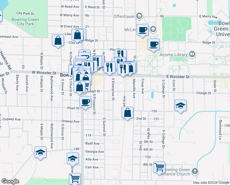 map of restaurants, bars, coffee shops, grocery stores, and more near 203 South Enterprise Street in Bowling Green