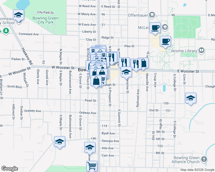 map of restaurants, bars, coffee shops, grocery stores, and more near 212 Clough Street in Bowling Green
