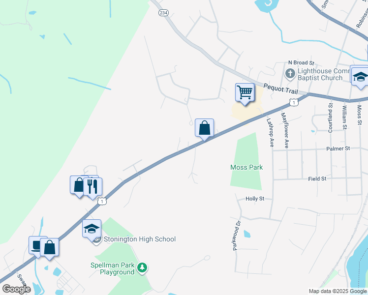 map of restaurants, bars, coffee shops, grocery stores, and more near 93 South Broad Street in Stonington