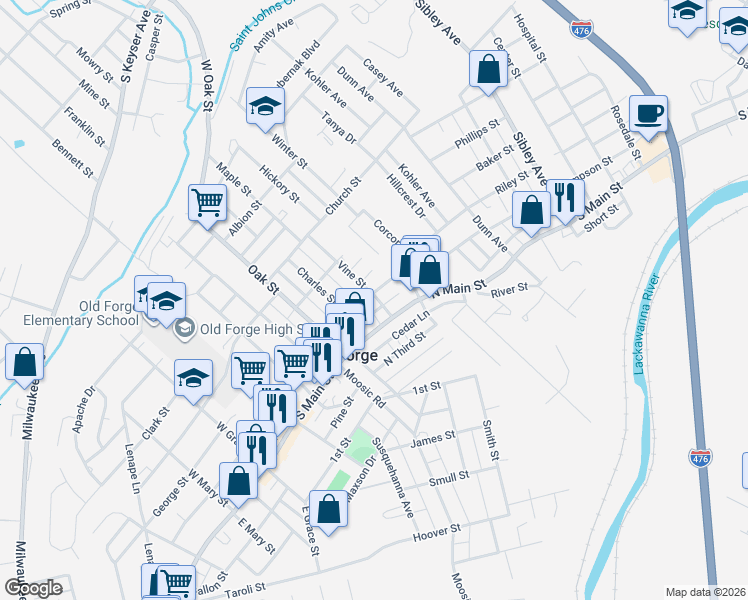 map of restaurants, bars, coffee shops, grocery stores, and more near 154 Stewart Street in Old Forge