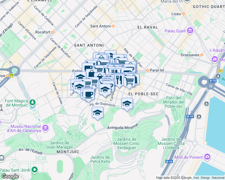 map of restaurants, bars, coffee shops, grocery stores, and more near 40 Carrer de Margarit in Barcelona