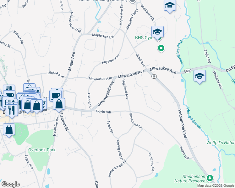 map of restaurants, bars, coffee shops, grocery stores, and more near 14 Andrews Street in Bethel