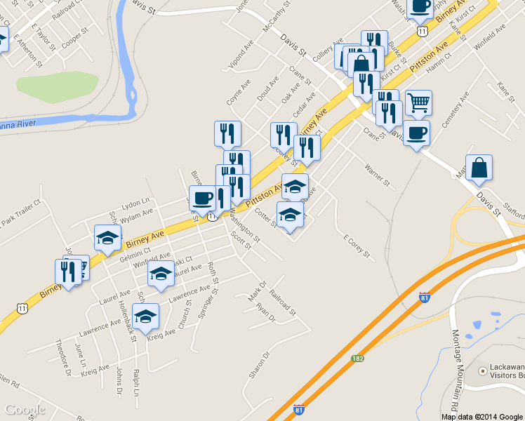 map of restaurants, bars, coffee shops, grocery stores, and more near 615 Cotter Street in Moosic
