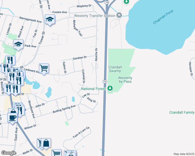 map of restaurants, bars, coffee shops, grocery stores, and more near 12 Apache Drive in Westerly