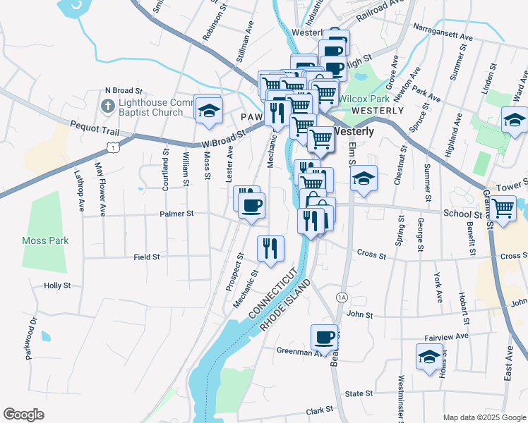 map of restaurants, bars, coffee shops, grocery stores, and more near 82 Mechanic Street in Stonington