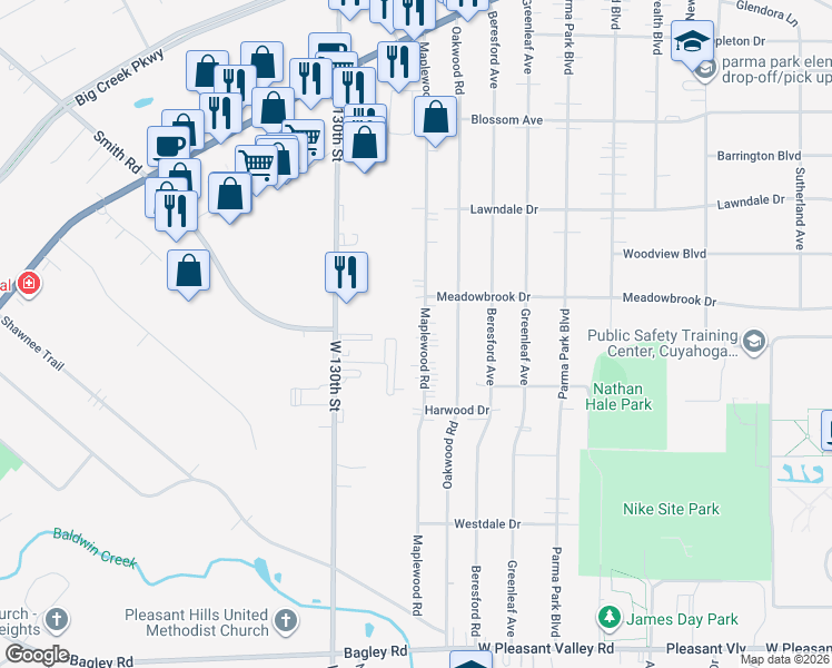 map of restaurants, bars, coffee shops, grocery stores, and more near 7022 Maplewood Road in Parma Heights