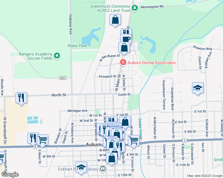 map of restaurants, bars, coffee shops, grocery stores, and more near 810 Midway Drive in Auburn