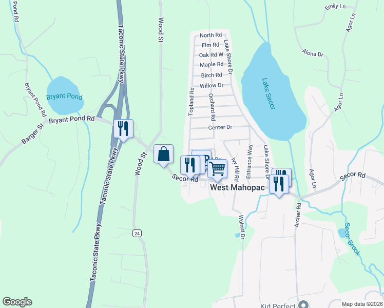map of restaurants, bars, coffee shops, grocery stores, and more near 11 Topland Road in Mahopac