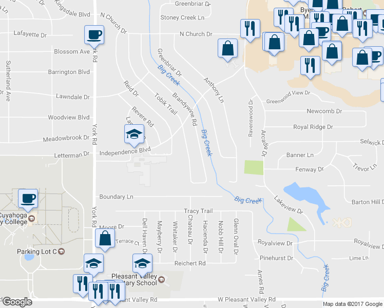 map of restaurants, bars, coffee shops, grocery stores, and more near 7015 Tobik Trail in Cleveland