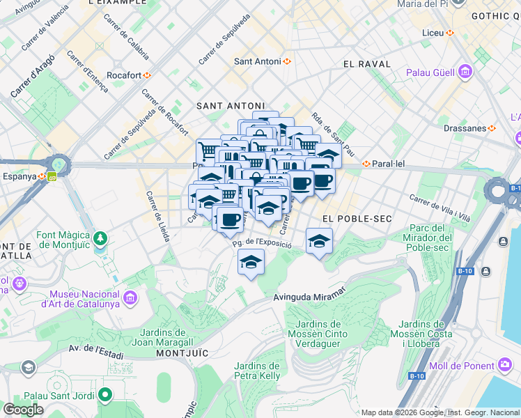 map of restaurants, bars, coffee shops, grocery stores, and more near 45 Carrer de la Creu dels Molers in Barcelona